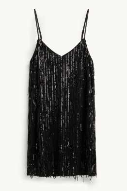 Sequin dress with V-neck and fringing - straight fit