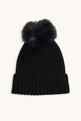 Muts met pompon - ribstof - glanseffect