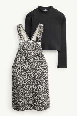 Set - Langarmshirt und Jeans-Latzkleid - 2 teilig