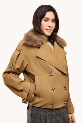 Crop Trenchcoat mit Kunstfellbesatz - wasserabweisend
