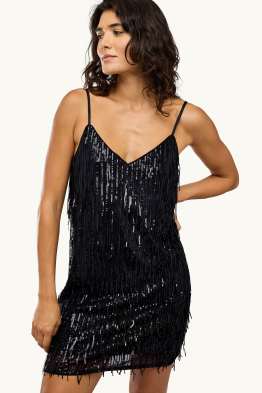 Sequin dress with V-neck and fringing - straight fit