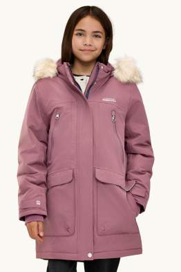 Manteau de pluie avec capuche avec col en imitation fourrure - imperméable