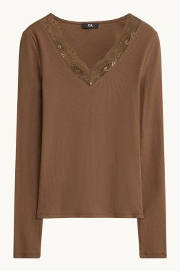 Long sleeve V-neck top - regular fit - ribbed