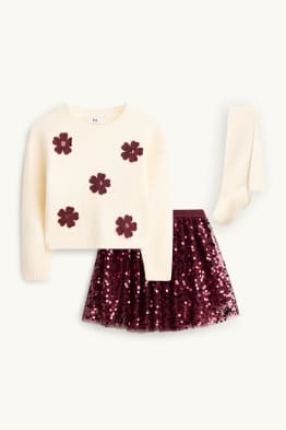 Blume - Set - Pullover, Pailletten-Rock und Strumpfhose