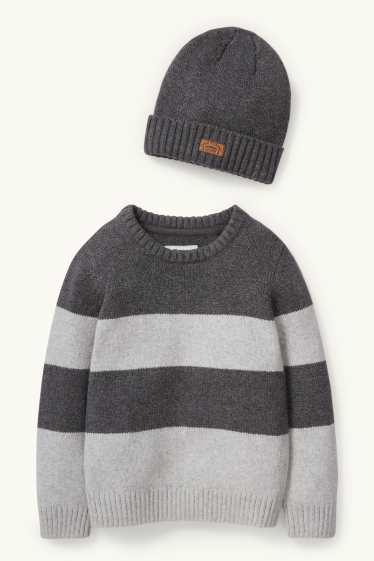 Kinder Jungen - Set - Pullover und Mütze - 2 teilig - grau-melange
