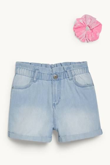 Enfants filles - Ensemble - short en jean et élastique à cheveux - 2 pièces - jean bleu clair