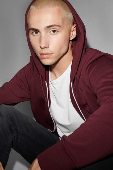 Uomo - Felpa con zip e cappuccio - rosso scuro