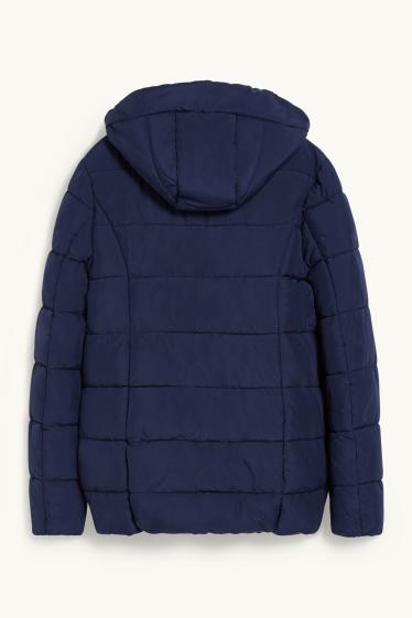 Dámské - Těhotenská prošívaná bunda s kapucí - nosící - tmavomodrá