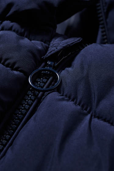 Dámské - Těhotenská prošívaná bunda s kapucí - nosící - tmavomodrá