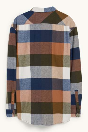 Mężczyźni - CLOCKHOUSE - koszula flanelowa - regular fit - kołnierzyk kent - w kratę - beżowy / brązowy