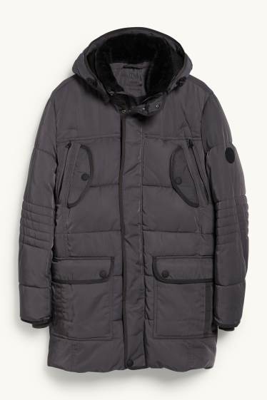 Men - Parka with hood and faux fur trim - winter - dark gray