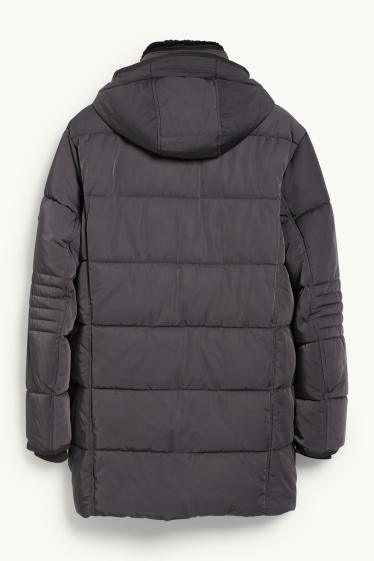 Men - Parka with hood and faux fur trim - winter - dark gray