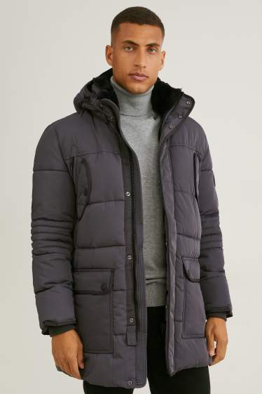Men - Parka with hood and faux fur trim - winter - dark gray