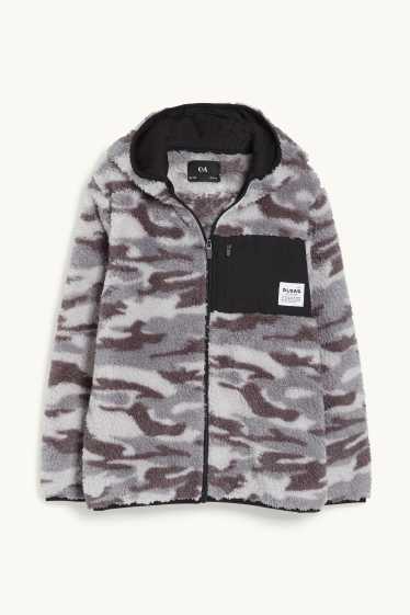 Children Boys - Teddy fur jacket with hood - patterned - gray-melange