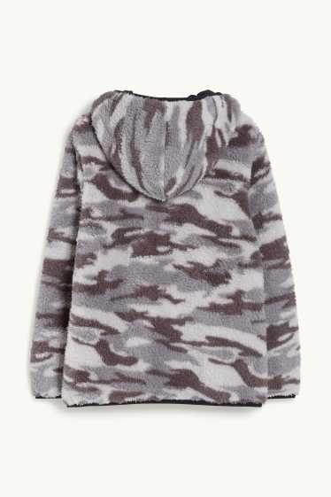 Children Boys - Teddy fur jacket with hood - patterned - gray-melange