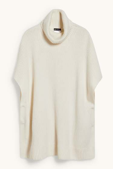 Dámské - Pletené pončo s kašmírem - krémově bílá