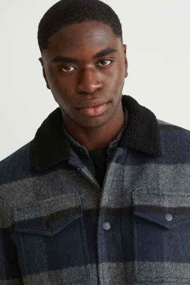 Pánské - Bunda - kostkovaná - šedá/tmavomodrá