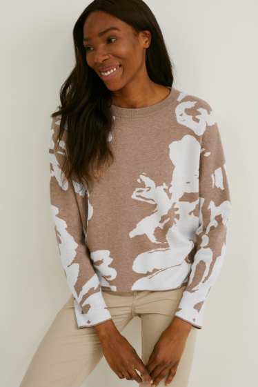 Women - Jumper - floral - brown-melange