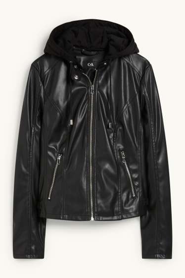 Donna - Giacca con cappuccio - similpelle - nero
