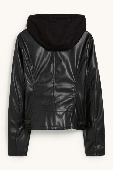 Donna - Giacca con cappuccio - similpelle - nero