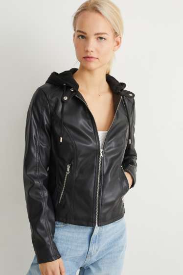 Donna - Giacca con cappuccio - similpelle - nero