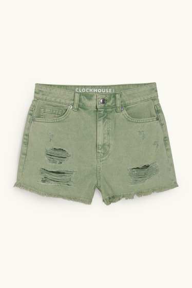 Femei - CLOCKHOUSE - pantaloni scurți de blugi - talie înaltă - verde deschis
