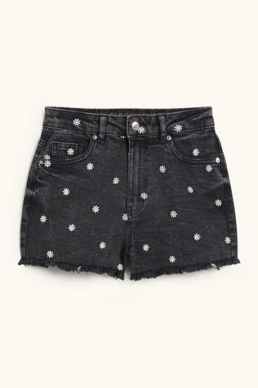 Femmes - CLOCKHOUSE - short en jean - high waist - à fleurs - jean gris foncé