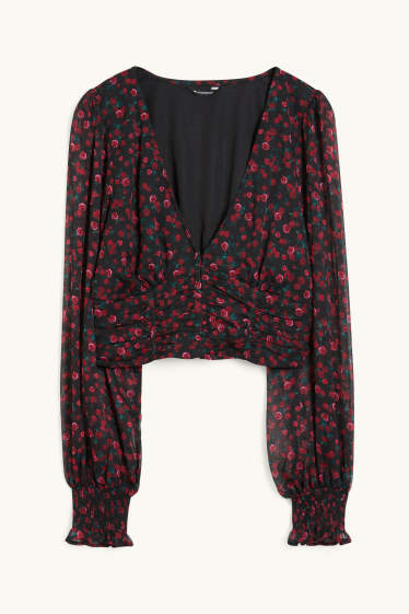 Donna - Blusa dal taglio corto - a fiori - nero