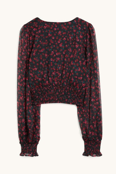 Donna - Blusa dal taglio corto - a fiori - nero