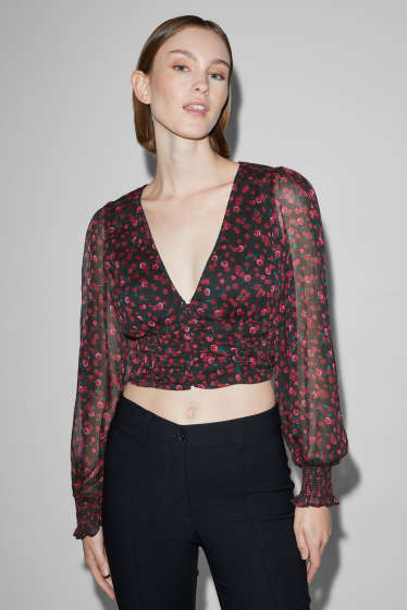 Donna - Blusa dal taglio corto - a fiori - nero