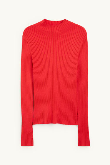 Women - Jumper with band collar - ribbed - red