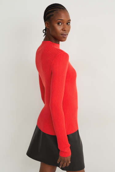 Women - Jumper with band collar - ribbed - red