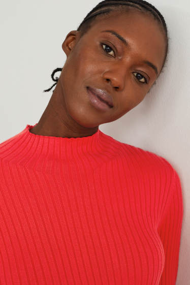Women - Jumper with band collar - ribbed - red