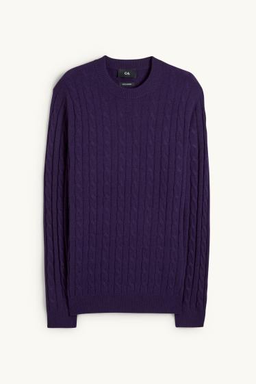Men - Jumper with cashmere - wool blend - cable knit pattern - purple