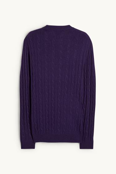 Men - Jumper with cashmere - wool blend - cable knit pattern - purple