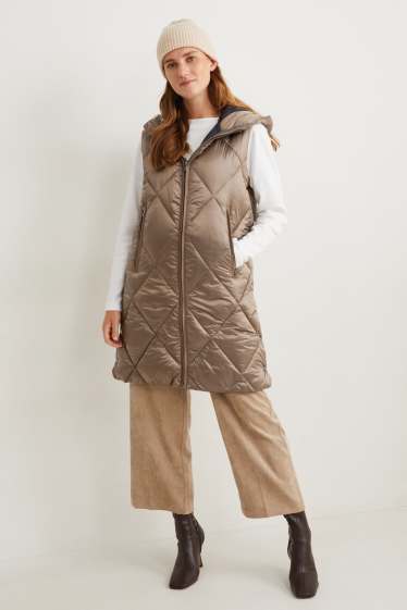 Women - Long quilted gilet with hood - beige