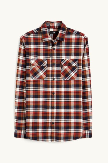 Men - Flannel shirt - regular fit - Kent collar - check - brown