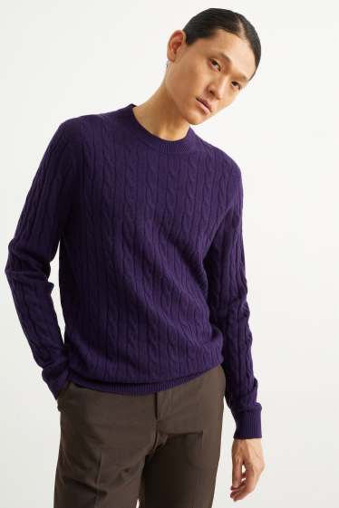 Men - Jumper with cashmere - wool blend - cable knit pattern - purple