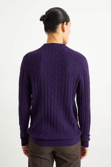 Men - Jumper with cashmere - wool blend - cable knit pattern - purple