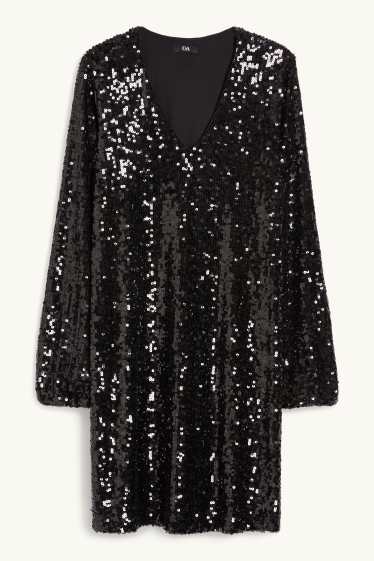Femmes - Robe en sequins de forme évasée avec encolure en V - noir