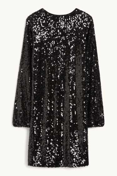 Femmes - Robe en sequins de forme évasée avec encolure en V - noir