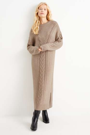 Damen - Strickkleid - Zopfmuster - taupe