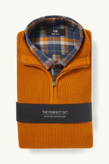 Men - Jumper and shirt - regular fit - button-down collar - havanna
