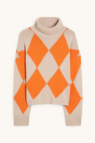 Women - Polo neck jumper with cashmere - check - orange