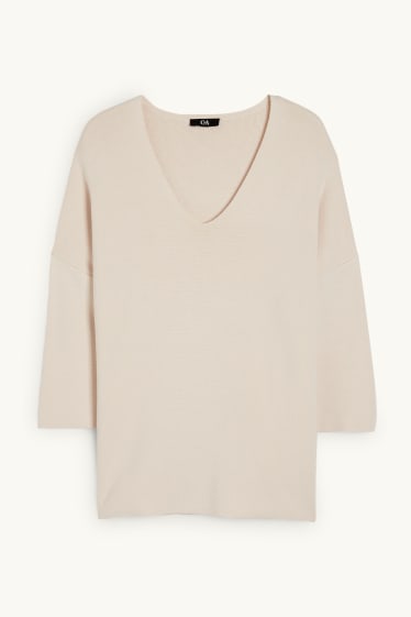 Damen - Basic-Pullover mit V-Ausschnitt - hellbeige