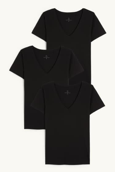 Dames - Set van 3 - basic T-shirt met V-hals - zwart