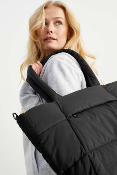 Damen - Großer Stepp-Shopper mit abnehmbarem Taschengurt - schwarz