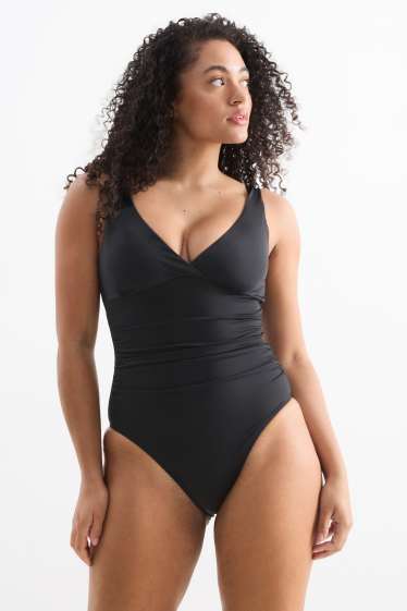 Damen - Badeanzug mit Raffungen - wattiert - Shaping-Effekt - schwarz