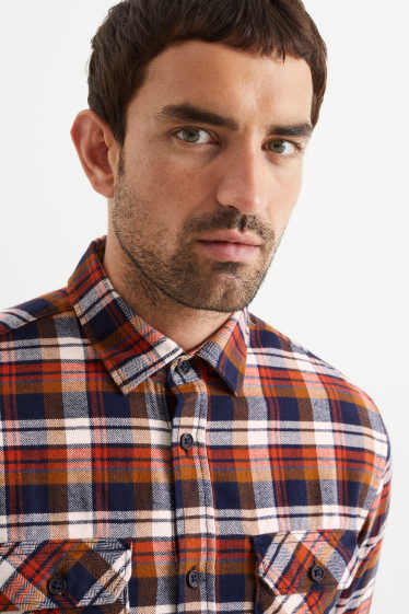 Men - Flannel shirt - regular fit - Kent collar - check - brown