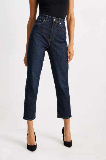 Women - Cropped straight jeans - high waist - blue denim